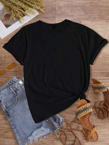 Camiseta gráfica de manga corta con estampado de luna dorada de moda casual para mujerPure-Cotton - Negro - Ver 3