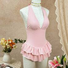 White & Pink Textured Fabric Halter Neck Deep V-Neck Backless Double Ruffle Hem Beach Pool Party Cute & Sweet Style Women Swimsuit Skirt Women Vacation Outfit Sets Women's Summer Outfits Halter Neck Swimwear Women Vacation Outfits Pool Party Outfit For Women 2 Pieces Outfit Women - Azul y blanco - Ver 9