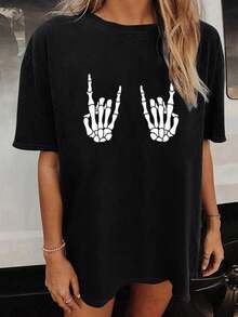 Camiseta de cuello redondo con estampado de calaveras, camiseta de verano de moda, casual, holgada y de manga corta, ropa de mujer, playeras de mujer. - Negro - Ver 6