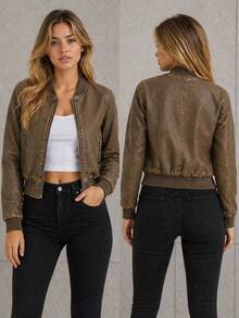 Women's Leather Jacket With Elastic Cuffs, Fur-Free, Casual - Rust Brown - View 1