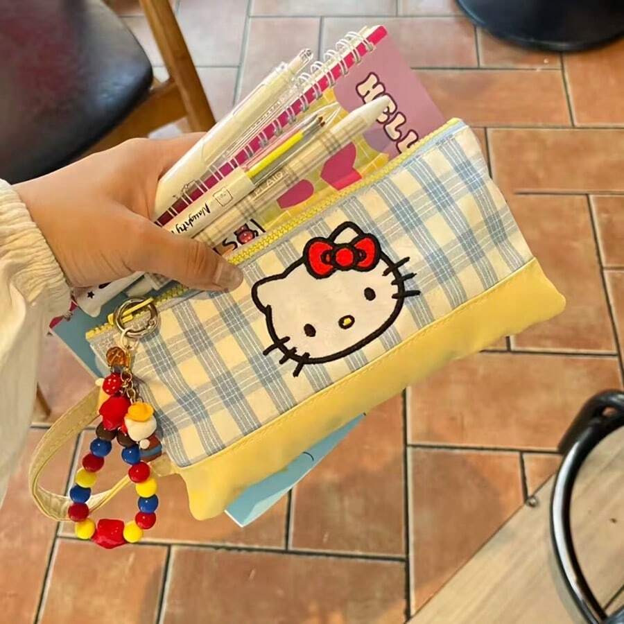1個格紋小貓可愛筆袋,日系動漫文具高級外觀鉛筆袋收納袋辦公用品整理袋桌面收納便攜筆袋 - 無掛飾配件 - 多色 - 查看 1