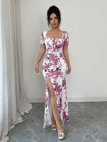 Vestido de verano de manga corta para mujer, vestido de vacaciones con estampado digital, vestido de playa y vacaciones con bajo con abertura, vestido largo con fruncido en la cintura - Rosa - Ver 3