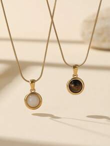 1pc Stainless Steel Golden Round Pendant Necklace, Inlaid With Tiger Eye And White Gemstones, Available In Preferred Colors, Suitable For Women's Daily Decoration Or Gift - Small Round - View 2