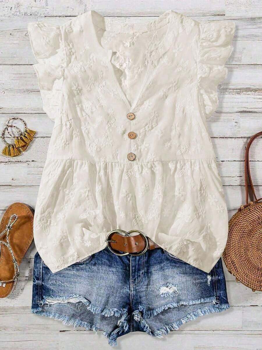 Camisa casual de jacquard con volantes en el bajo y mangas cortas, elegante para el verano y vacaciones - Albaricoque - Ver 1