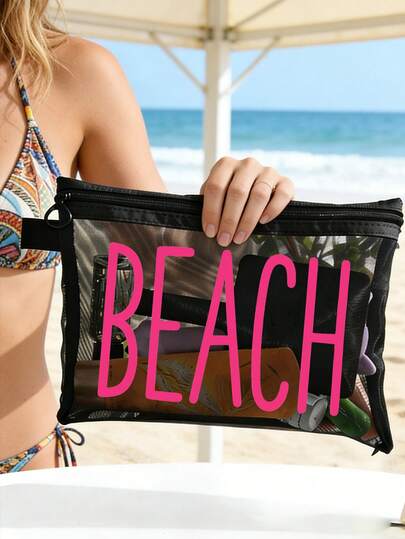 Beach Mesh Bag Featuring Color 'Beach'Pattern,Portable Cosmetic Pouch For Lipsticks And Cushion Puffs,Large Capacity Transparent Cosmetic Bag, Toiletry Bag With Nylon Zipper - Lightweight, Storing Sunscreen, Snacks, Bikinis, And Beach Essentials.