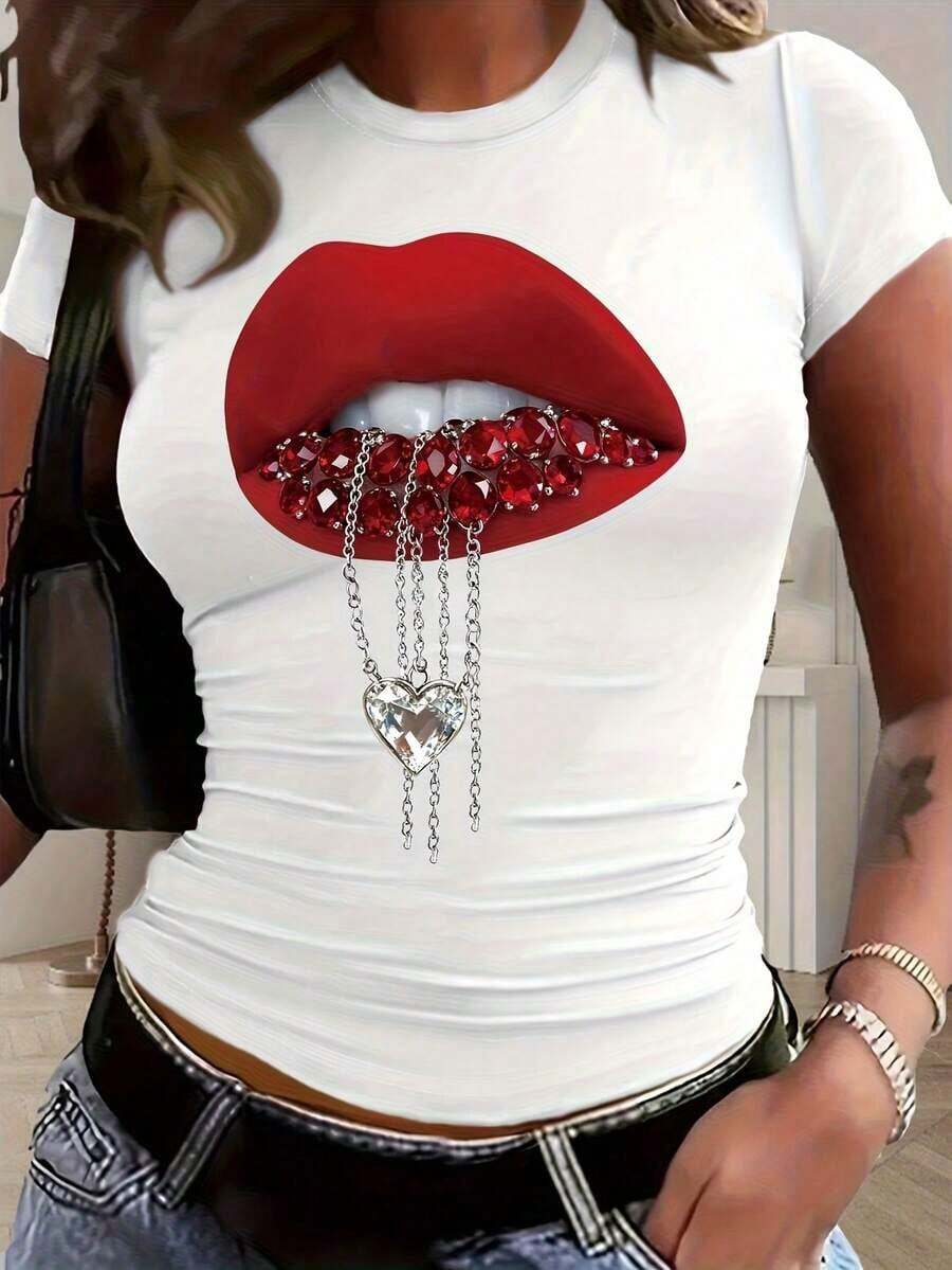 Camiseta de manga corta sexy estilo Y2K para primavera/verano, con estampados de labios brillantes y joyas, top ajustado de cuello redondo, camiseta Y2K. - Blanco - Ver 1