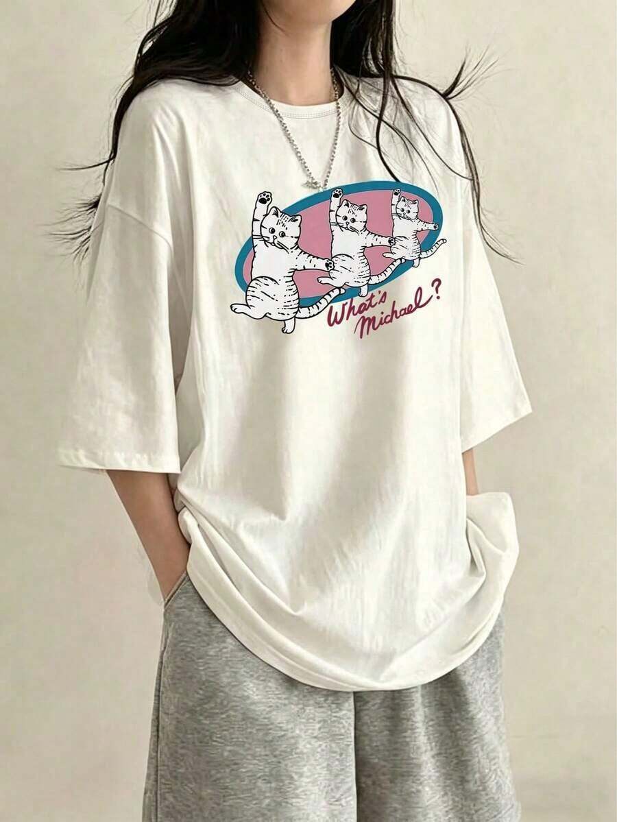 Women's Short-Sleeved T-Shirt, Loose Fit, Casual, Round Neck, Cartoon Tomato Print, White, Spring/Summer. Suitable As A Gift. Women's T-Shirt. Blouses > Elegant. Boho Chic. - 白色 3 - 查看 1