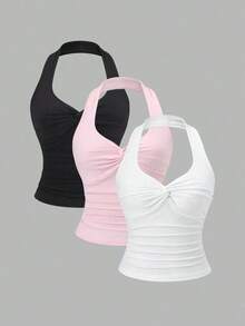 Top de tirantes anudada sexy y minimalista con cuello halter y plisados, versátil - Multicolor 2 - Ver 6