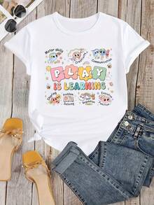 Camiseta de algodón de manga corta para mujer, Camiseta de algodón de manga corta para mujer con estampado de "Jugar es Aprender Maestro", Camiseta para el regreso a clases, Camiseta para nuevo maestro. - Blanco - Ver 2
