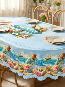1pc-Summer Beach Nautical Tablecloth, Ocean Wave Message Bottle Print Table Cover, Polyester Coastal Table Cloth For 4th Of July, BBQ, Picnic, Pool Party, Labor Day, Indoor Outdoor Kitchen Dining Patio Home Holiday Decoration - Multicolor - View 18