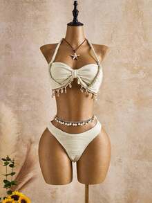Conjunto de tankini de mujer con tirantes finos, patrón de onda beige con decoración de concha marina y estrella, para primavera/verano/otoño, conjunto de ropa de vacaciones para mujer, traje de baño de bikini con cobertura, conjunto de ropa de v - Albaricoque - Ver 3