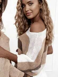Brown & White Gradient Striped Hollow Knit Top, Loose Asymmetrical Shoulder Batwing Sleeve Design, Slouchy Breathable Casual Top - Multicolor - View 4
