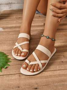 Women's Flat Toe Loop Bohemian Style Solid Color Slide Sandals, Skin-Friendly Summer Bestseller, Casual Simple Beach Shoes - Beige - View 3