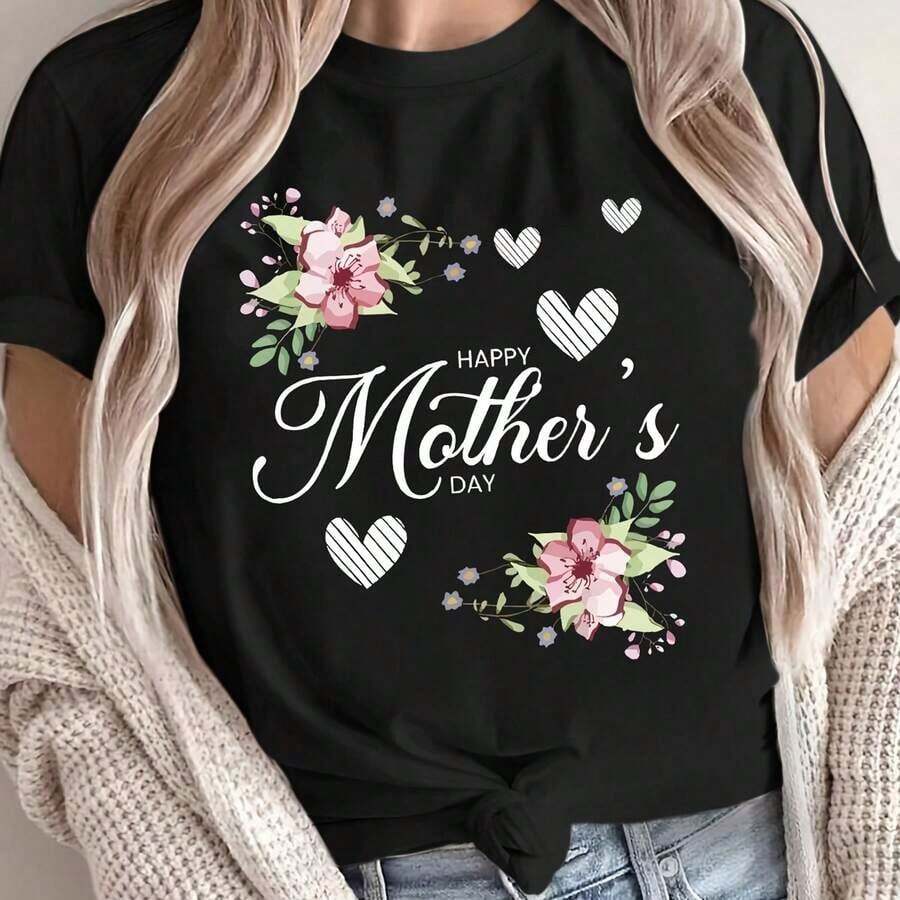 1 pcsCamiseta Negra para Mujer con Estampado de Flores y Corazones Feliz Dia de la Madre Regalo Ideal para Madres y Abuelas Estilo Casual Moderno180g 100% Cotton - Negro - Ver 1