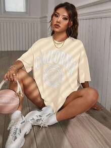 Estilo Y2K, estilo moderno, lo más nuevo de 2026, estilo lindo, estilo casual. Camiseta casual holgada de verano para mujer  con estampado de letras, cuello redondo y mangas caídas, camisetas gráficas para mujer, 180g (S-XXXL). - Albaricoque - Ver 7