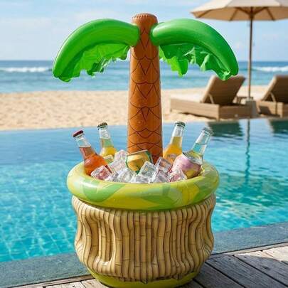 Inflatable Hawaiian Coconut Tree Beer Cooler, Green And Yellow Tropical Pool Party Decor, Beverage Tub With Ice Capacity For Birthday Celebration, Beach Accessories, Cactus Ice Bucket, Hibiscus Pattern, Textured Surface