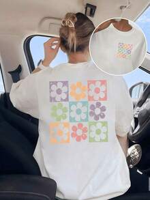 Retro Flowers Arranged In Pastel Squares Evoke Joy, Simplicity And Positive Energy, Reflecting An Optimistic Spirit. Ladies' Double-Sided T-Shirt, 100% Cotton, 220g, Maija, Elegant Short-Sleeved For Women. - 白色 - 查看 9