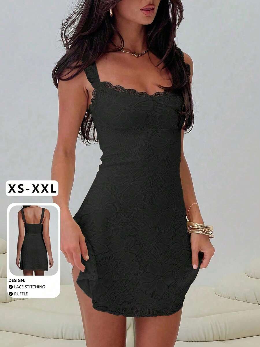 Vestido Mini Ajustado com Detalhe de Renda, Alça com Babado e Laço, Preto, para Festa de Verão - Preto - Visão 1