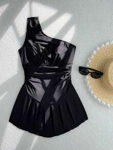 SVES Vaytide Traje de baño de una pieza elegante para mujer de unicolor con un hombro, tela brillante y volante en la cintura - Negro - Ver 11