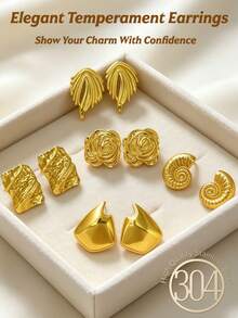 Gold-Plated Lady's Declaration Earrings, A Fashionable And Elegant Set Of Lady's Earrings, Including Flower Earrings, Conch Earrings, Asymmetrical Wave Earrings, Asymmetrical Ring-Shaped Earrings, Rectangular Pleated Earrings And Other Geometric-Shaped Earrings, With Unique Texture Design, Thick Gold-Plated Thick Gold Declaration Earrings - Earring Set - View 5