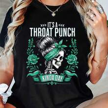 Camiseta de talla grande para mujer con estampado gráfico de calavera bonita "Es un día para un puñetazo en la garganta", manga corta, cuello redondo, top casual para verano y primavera, ropa de mujer - Negro - Ver 1
