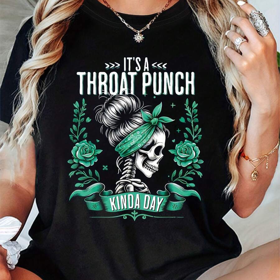 Camiseta de talla grande para mujer con estampado gráfico de calavera bonita "Es un día para un puñetazo en la garganta", manga corta, cuello redondo, top casual para verano y primavera, ropa de mujer - Negro - Ver 1