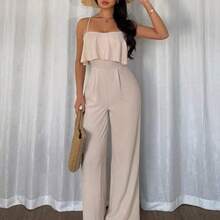 Raffinéa Women's Fashion Versatile Ruffle Spaghetti Strap Jumpsuit With Crinkle Textured Fabric, Fitted Waist & Straight Leg - Verde - Ver 5
