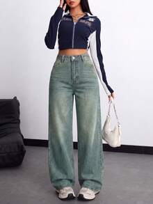 Quần jeans nữ dáng rộng, ống thẳng, kiểu boyfriend, mang phong cách vintage thường ngày. - kaki - Xem 8