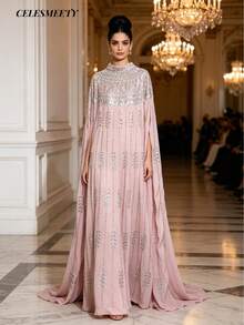 Áo choàng dài kiểu Ả Rập thanh lịch bằng vải chiffon, được trang trí bằng các chi tiết đính cườm vàng, thiết kế tay áo cánh dơi, cổ đứng, vải dệt màu đen, không co giãn, thích hợp cho mùa xuân. - Hồng - Xem 5