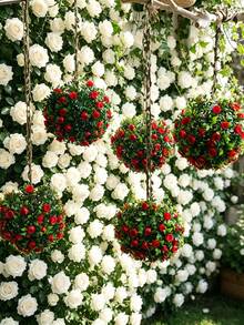 1pc Artificial Rose Flower Ball Hanging Planter, Decorative Faux Greenery With Jute Rope, Bohemian Style Indoor Hanging Decor, Suitable For Living Room, Bedroom, Garden, Farmhouse Home Decor, Indoor Planter, Elegant Flower Ball Hanging Ornament, Ideal For Wedding Or Party Decoration, Great For Balcony, Patio And Window Hanging - Style a - View 2