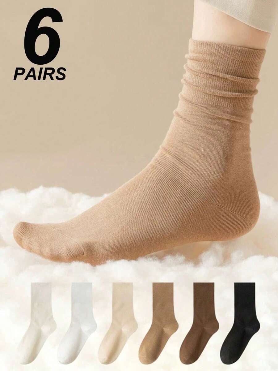 6 Pairs Solid Color Socks Set, Breathable Ribbed Casual Sports Crew Socks For Women, Versatile For Summer - Multicolor - View 1