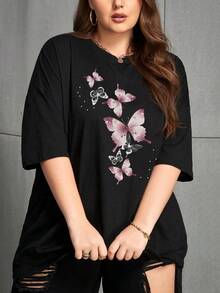 Camiseta de Verano Casual con Estampado de Mariposas, Cuello Redondo, Manga Corta, Holgada, Camisetas Gráficas para Mujer - Negro - Ver 6