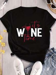 Camiseta Gráfica Estampada "It's Wine Time" para Mujer, Ideal para Uso Casual, Verano y Regalos - Negro - Ver 6