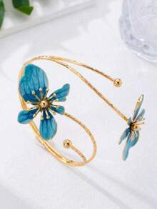 1pc European & American Stylish Flower Pendant Open-Ended Bangle Bracelet, Perfect For Women Resort Outfits - Blue - View 2
