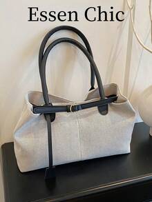 1 pieza Bolso de lona de gran capacidad con parches y decoración de correa negra para mujeres - Negro - Ver 9