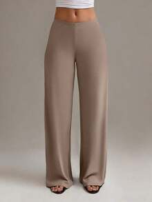 Pantalones rectos de cintura alta para mujer, casuales de primavera/invierno en color blanco - Caqui - Ver 5
