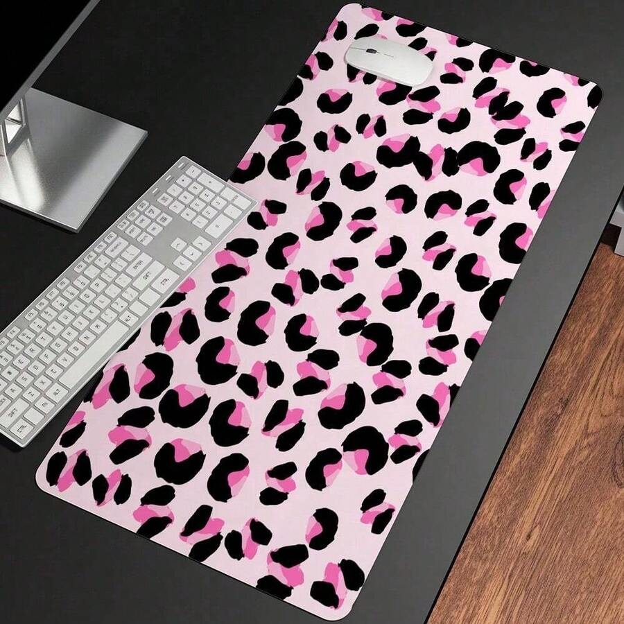 1pc Pink Leopard Print Large Gaming Mouse Pad With Stitched Edges, Extended Mousepad With Anti-Slip Rubber Base Desk Mat For Keyboard And Mouse Gaming Mouse Pad - XXL Cloth - Peak Tracking And Stability - Esports Mousepad - Never-Slip - Full Desk Coverage - PC Accessories, - Pink Leopard Print - View 1
