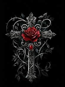 Camiseta de Mujer con Estampado Digital, Estilo Artístico 'Cruz Rosa Oscura', Camiseta de Manga Corta con Estampado Temático, Top Gótico Vintage, Camiseta Casual de Cuello Redondo en Tallas Grandes, con una Imagen de una Cruz Adornada con Rosas Rojas. - Negro - Ver 5