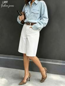 Women's Solid Color Denim Bermuda Shorts Casual White Summer - White - View 8