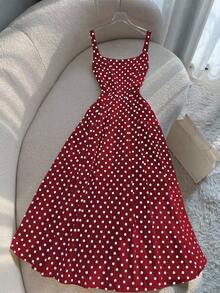 Vestido largo de tirantes finos con estampado de lunares en estilo vintage francés para playa y vacaciones - Burdeos - Ver 1
