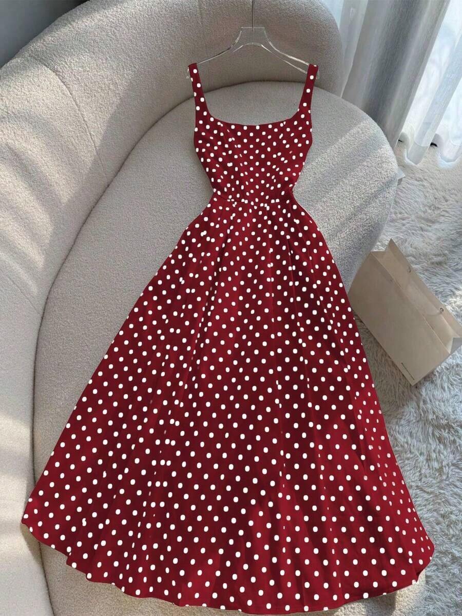 Vestido largo de tirantes finos con estampado de lunares en estilo vintage francés para playa y vacaciones - Burdeos - Ver 1