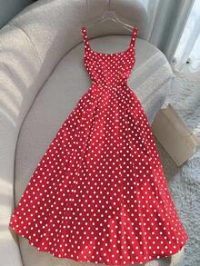 Vestido largo de tirantes finos con estampado de lunares en estilo vintage francés para playa y vacaciones - Rojo - Ver 1
