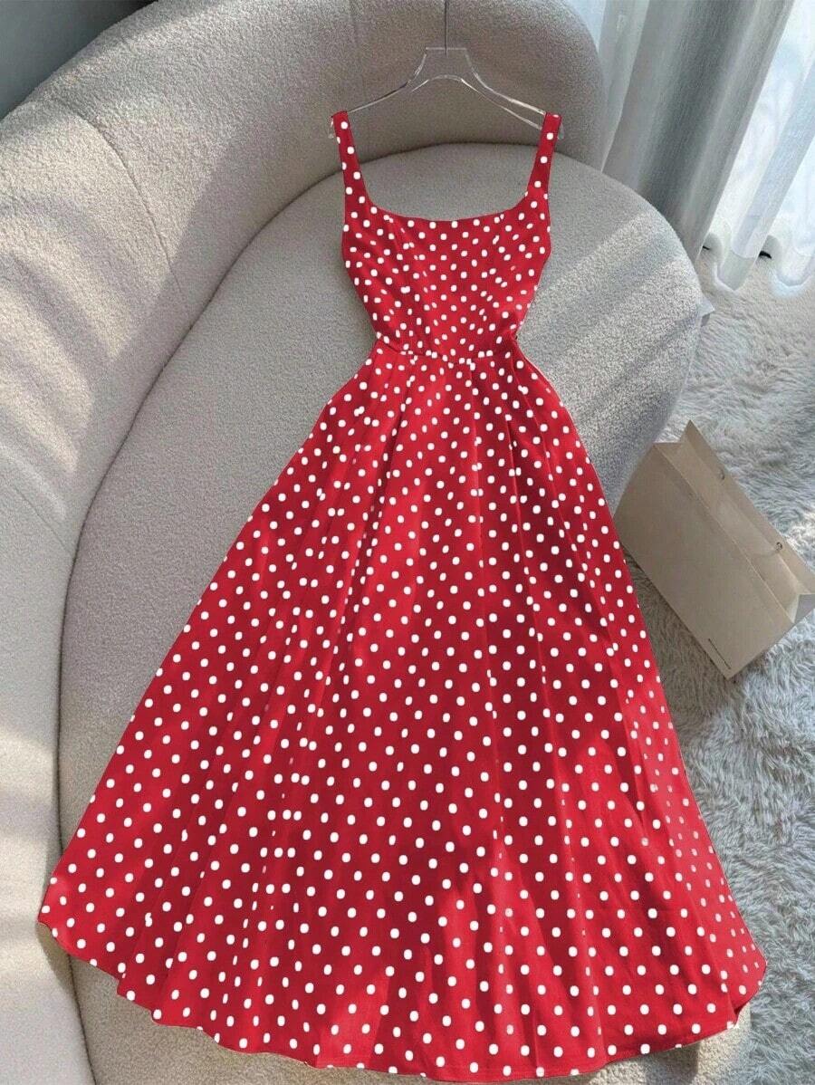 Vestido largo de tirantes finos con estampado de lunares en estilo vintage francés para playa y vacaciones - Rojo - Ver 1