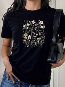 Camiseta de manga corta con estampado floral de estilo europeo y americano para mujer, transpirable y que no provoca sudoración, suave y lisa, con una sensación de calidad, adecuada para deportes y fitness, uso diario, vacaciones, oficina, escuela, fiestas y otras ocasiones diversas. - Negro - Ver 1