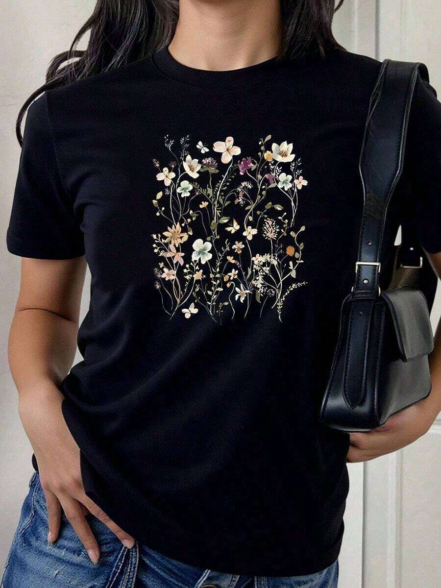 Camiseta de manga corta con estampado floral de estilo europeo y americano para mujer, transpirable y que no provoca sudoración, suave y lisa, con una sensación de calidad, adecuada para deportes y fitness, uso diario, vacaciones, oficina, escuela, fiestas y otras ocasiones diversas. - Negro - Ver 1