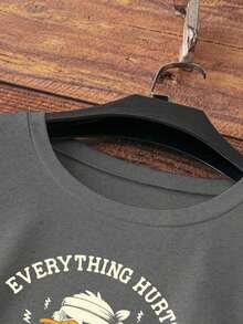 Camiseta Casual de Manga Corta con Cuello Redondo y Estampado Gráfico de Mujer Levantando Pesas en el Gimnasio - Gris - Ver 3