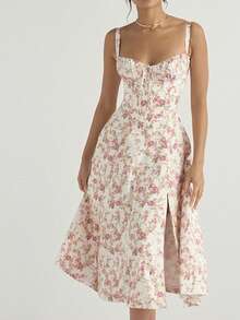 French-Style Long Strapless Dress With Soft Flowers - Gold - View 4