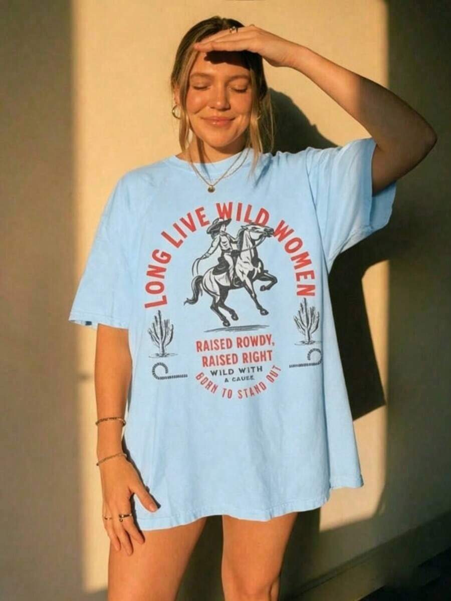 100% Cotton Long Live Wild Womens Rights Vintage Shirt, Western Grunge Cowgirl, Resist Graphic Crewneck-Summer Outfits For Women,Y2k Tops - Blue - View 1