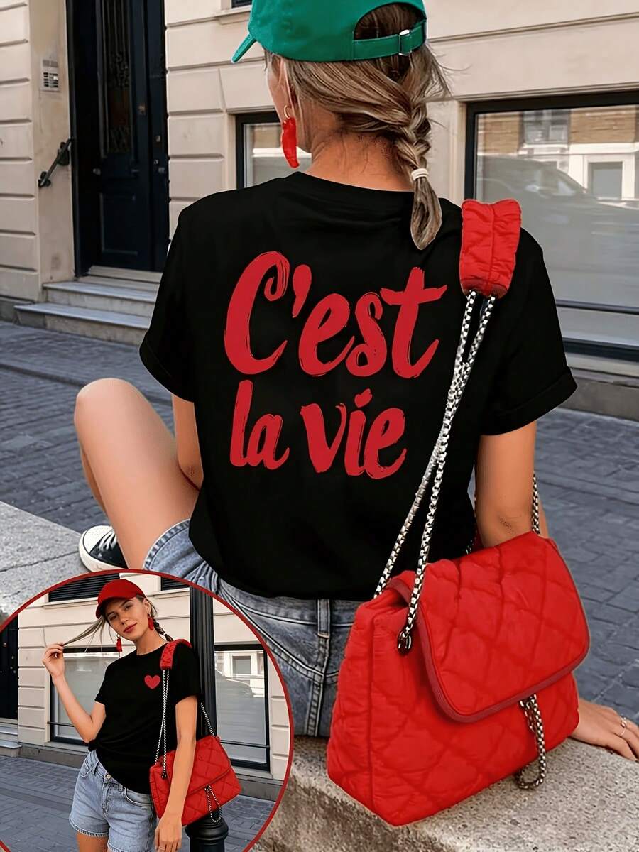 Women's Fashion Short-Sleeved T-Shirt, Printed Design On The Front And Back, European And American Letter Patterns, Round Neck Loose Fit Top, Casual, Sexy, Cute And Lovely Top For Spring And Summer, Simple Design, Fashionable T-Shirt, Suitable For Dates And Dinners.