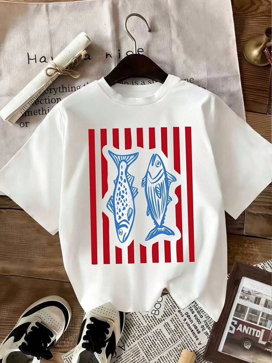Sardine Print With Fish Patch And Pink Stripes, Matte Fabric Crew Neck Top, Medium Stretch For Everyday Wear, Machine Washable, Comfortable Shirt Style Top For All Seasons. - White - View 1
